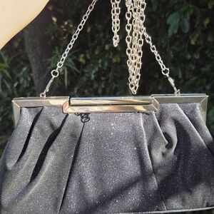 Ninna New York Black Glitter Evening Clutch with Silver Hardware